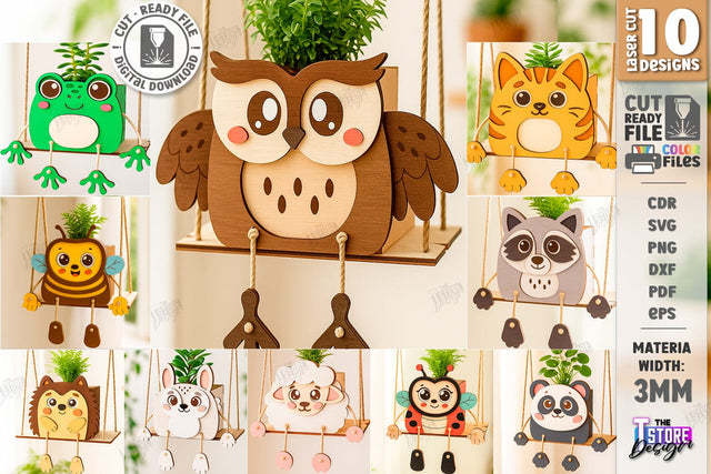 Swing Planter Laser Cut Bundle. Wooden Animal Planter Holders. Plant Pot. Hanging Planter SVG The T Store Design